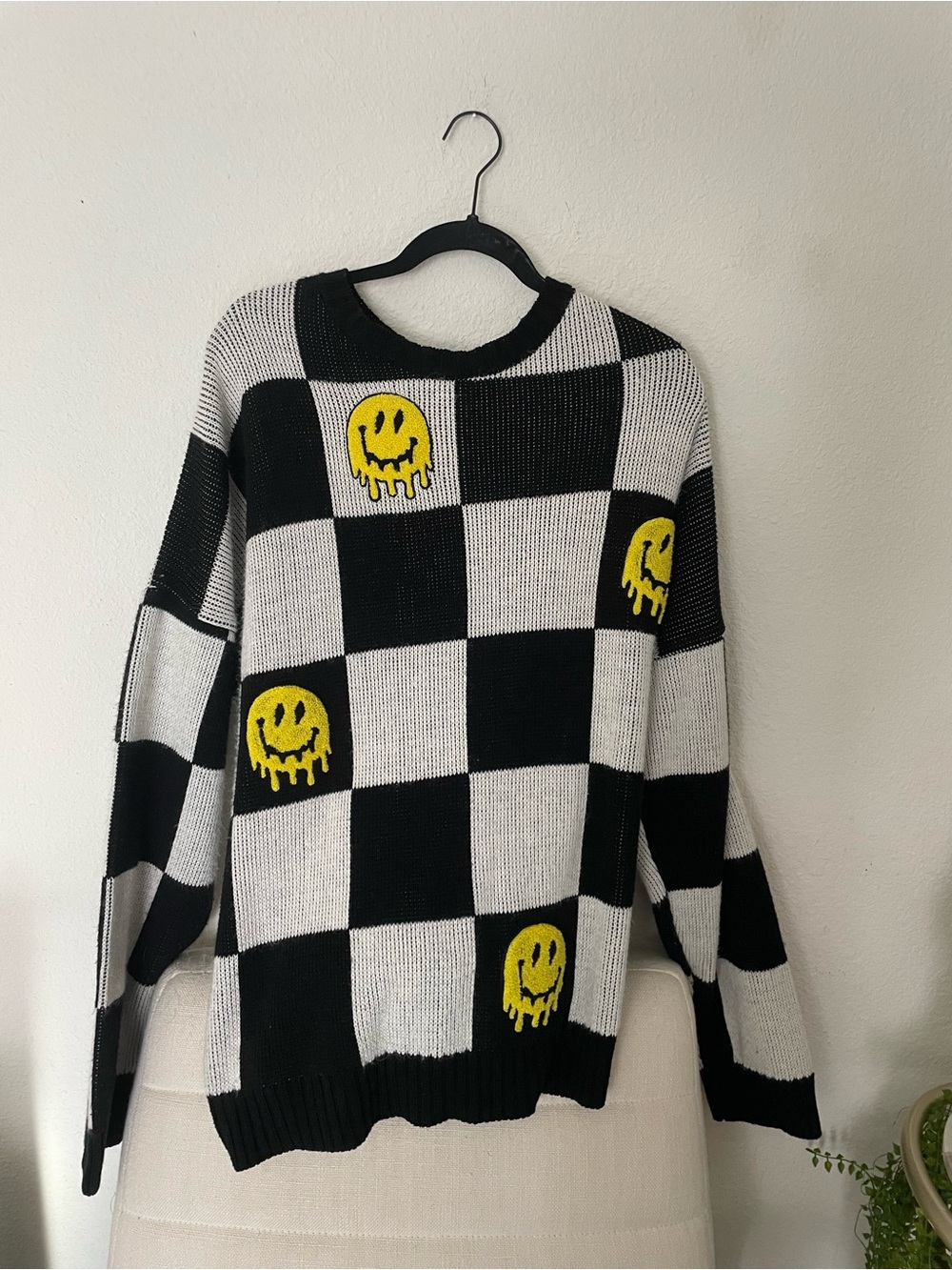boohooMAN Large Oversized Checkerboard Smiley Face Knit Sweater Y2K